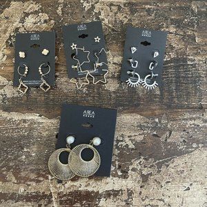 Area Stars Silver 4 Pack of  Moon, Stars,  Earrings, Brass 14K Gold Plated, NEW